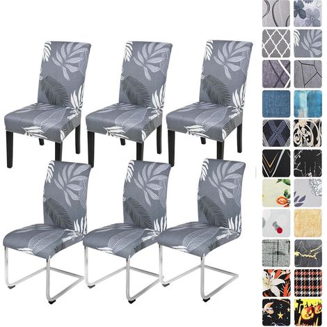Stuhlhussen 6er Set Grau Blätter für Esszimmerstühle, elastisch & waschbar (1/5)