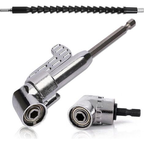 105 Degrés Foret à angle droit Visseuse Adaptateur (1PCS Court + 1PCS Longue）et 1/4 po Flexible perceuse visseuse electrique d'extension d'angle ，pratique dans un espace de travail serré (1/4)