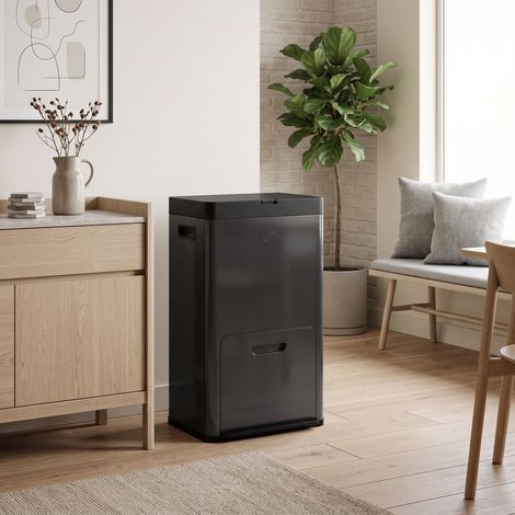 Poubelle Cuisine Tri Sélectif 56L, Acier Inoxydable, Fermeture Douce, Noir (1/5)