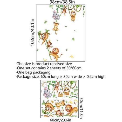 Sticker Mural Animal Jungle - 2 Feuilles 60 x 30 cm - Décoration Murale Chambre Enfant Bébé - Autocollant Amovible et Imperméable (1/4)