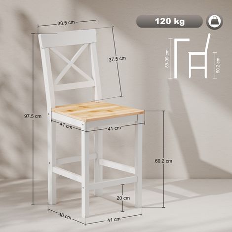 Ensemble de 2 tabourets de bar, tabourets de cuisine à dossier haut avec repose-pieds, en pin naturel et blanc. (1/5)
