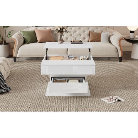 Table basse géométrique 707045cm, plateau supérieur pivotant à 360°, table basse relevable avec 1 tiroir, table de salon laquée brillante avec rangement dissimulé, table d’appoint, blanche