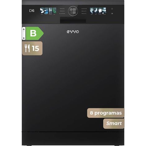 Lavavajillas EVVO D6 60cm, 15 Cubiertos, Clase B, Apertura Auto, Luz UV, Negro