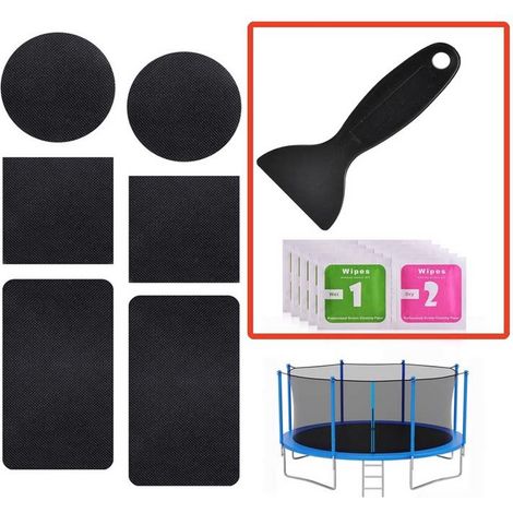 Kit de réparation pour trampoline avec patchs auto adhésifs accessoires de réparation pour tapis de trampoline piscine pneus matelas pneumatique et bateau gonflable avec grattoir (1/5)