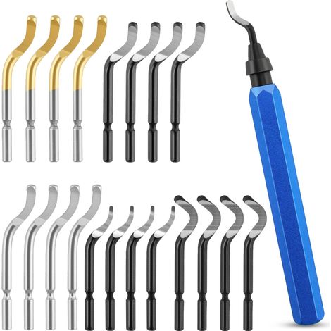 Set di 21 utensili per sbavatura del rame, smussatore con 20 lame di ricambio in 5 design, utensile per sbavatura rotante a 360° per stampanti 3D, alluminio, plastica, rame, acciaio, PVC
