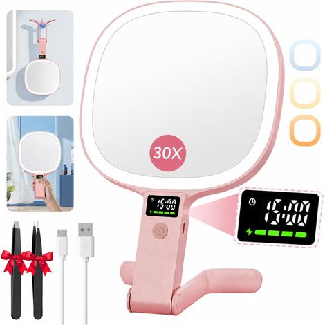 Miroir Grossissant Lumineux 2500mAh 1X/30X, Support 4-en-1, Rose Affichage de batterie et heure, pinces incluses, 3 couleurs réglables, miroir maquillage pliable pour maison et voyage (1/5)