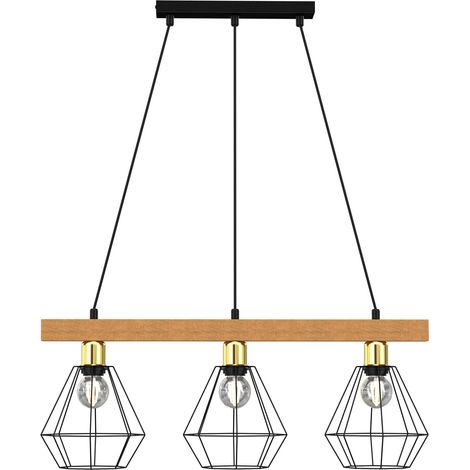 Suspension bois 73 cm, 3 abat-jour noir-or E27 Luminex
