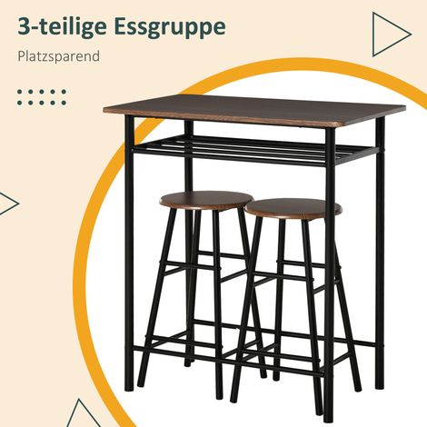 Table bar 3 éléments, table avec 2 tabourets et étagère, design industriel, noir et chêne (1/4)