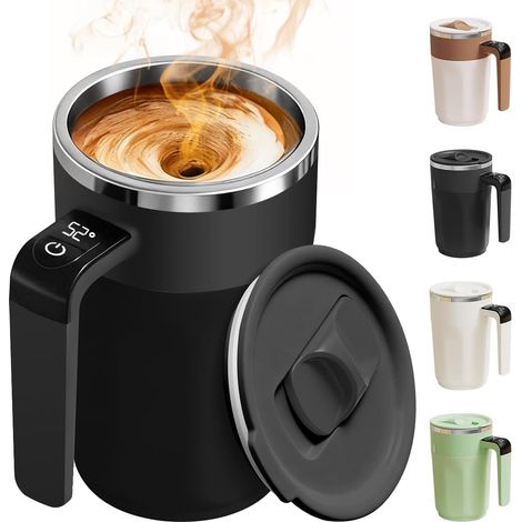 Tazza da caffè automatica con miscelatore e controllo della temperatura - Tazza ricaricabile da 380 ml (13,5 oz) - Tazza automescolante in acciaio inox con coperchio - Nera (1/5)