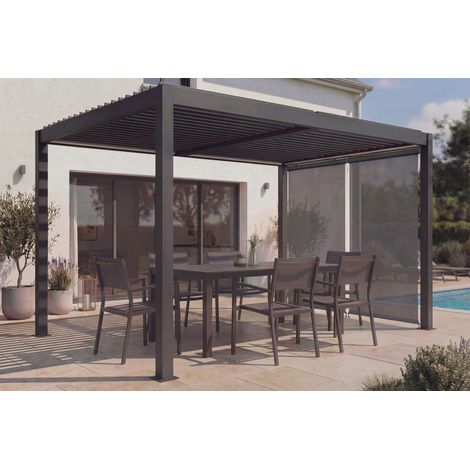 Pérgola bioclimática motorizada independiente AGOSTA de 4x3 m en aluminio gris con persianas retráctiles en el lado de 3 m. (1/5)