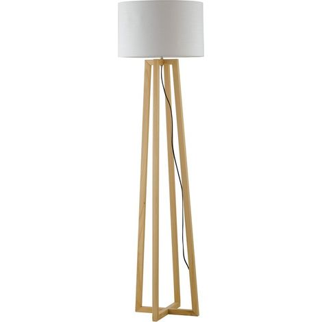 Fan Europe Berry - Lámpara trípode con pantalla de tela, madera natural, blanco, E27