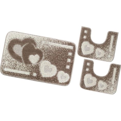 Tapis de Bain Lot de 3 Pièces Moderne Doux Antidérapant Tapis de Douche Lavable Absorbant Coeurs - Beige (1/5)