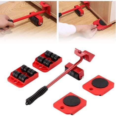 Outils de déménagement - Barres de levage, glissières mobiles pour déplacer meubles et appareils électroménagers - Ensemble de 6 pièces, rouge (1/5)