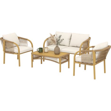 Salon de jardin 4 pièces canapé 2 fauteuils table coussins acier résine tressée 120x72x73cm kaki