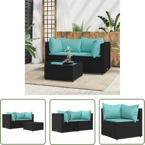 The Living Store Salon de jardin 3 pcs avec coussins Noir Résine tressée - Canapé De Jardin - Mobilier De Jardin - Salon De Jardin - Set De Jardin - Table Basse (1/5)