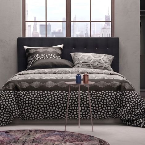 Parure housse de couette 260x240cm + 2 taies motif graphique gris perle et noir 100% coton - NAZIM (1/4)
