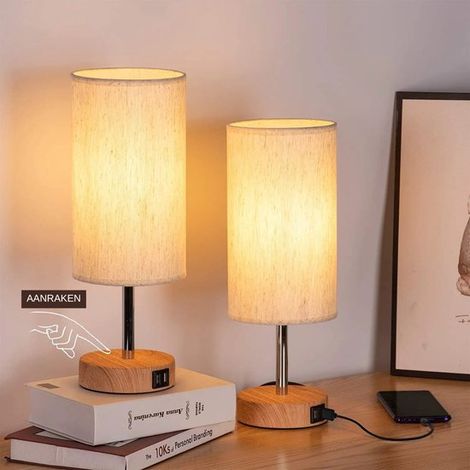 Paquete 2 lámparas mesita noche USB, lámparas puerto carga USB, lámpara mesita noche regulable pantalla lino dormitorio u bombillas LED incluidas (1/5)