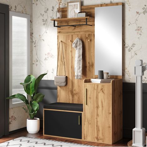 Guardaroba da ingresso 100x38x185 cm nero e rovere in truciolare con specchio panca contenitore e appendiabiti (1/5)