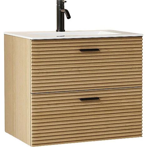 Meuble de salle de bain suspendu strié avec vasque à encastrer et robinet - 2 tiroirs - Naturel clair - 60 cm - SARONE (1/5)