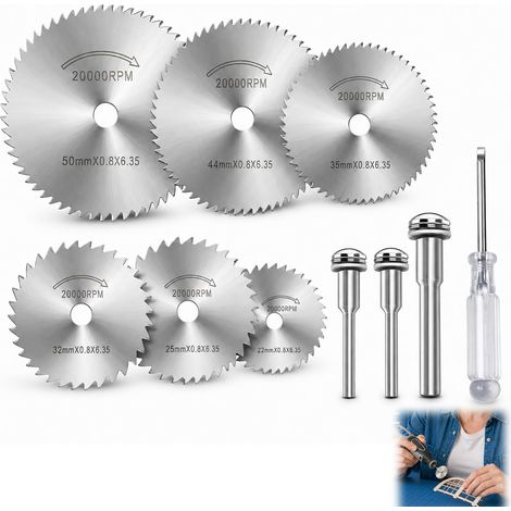 10 Pièces Disque de Coupe, Mini Disque Scie Circulaire avec Mandrins et Tournevis, HSS Lame Mini Scie Circulaire Outil Rotatif pour Couper Bois, Plastique, PVC, Aluminium et DIY (1/5)