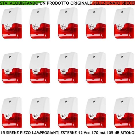 Sirena Trasduttore Piezoelettrico Lampeggiante Allarme 15 Pezzi Melodia Bitono da 1500/4000 Hz 105 dB Alimentazione 12 Vcc Assorbimento 170 mA 2 Fili Polarizzati   Contenitore ABS Interno Esterno IP44 (1/3)