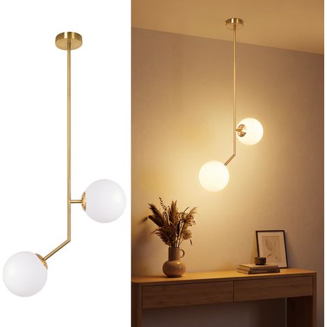 ZMH Suspension Luminaire G9 Dorée 2 Lumières en Verre Opale, Lampe Suspendue Moderne pour Salon, Salle à Manger, Cuisine et Chambre (1/5)