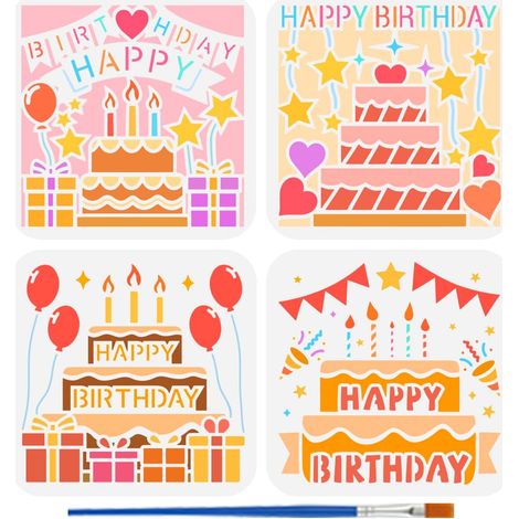 4 Pochoir de Peinture Joyeux Anniversaire Avec Pinceau 15x15 cm Modèle de Dessin de Gâteau D'Anniversaire Cadeaux Étoiles Mots Pochoir DIY pour Peinture sur Bois Mur Tissu Meubles (1/5)