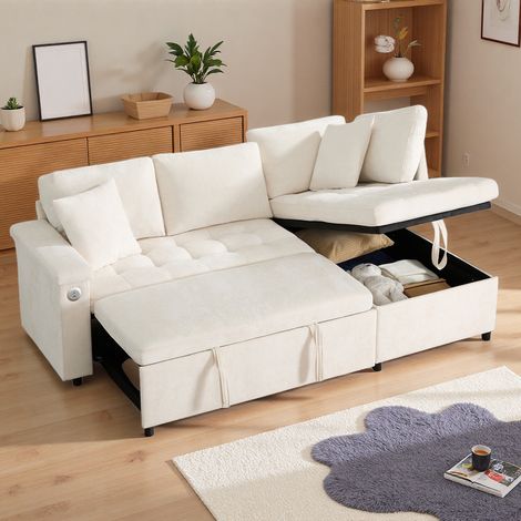 Seyakany Canapé convertible 3 places avec rangement,port USB, accoudoir avec rangement,2 coussins,canapé d'angle en L,canapé 3 places,chenille,beige