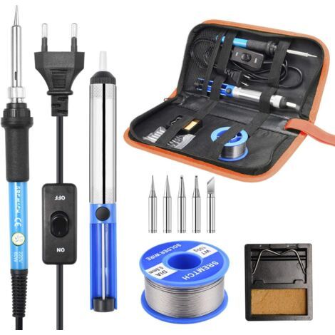 Fer a Souder Kit, 60W Kit de Soudage Électrique de Précision avec Interrupteur On/Off, Temperature Réglable 200450℃, Support avec éponge, 5 Pointe Soudage, Pompe à Dessouder, Fil de Soudure (1/5)