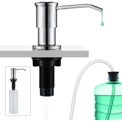 Distributeur de Savon Encastrable, Distributeur Savon Evier Cuisine, Distributeur Savon Integre avec Bouteille 500ML et Ensemble de rallonge de 1,0 m, Recharge du Haut, Chrome'Chrome(circulaire)'Chrom