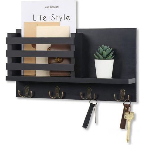 Estantería de pared de madera con ganchos para llaves, decoración de interiores (1/4)