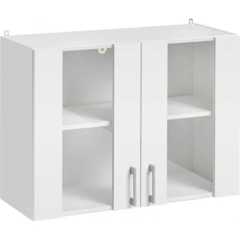 Cuisineandcie – Meuble haut de cuisine blanc 2 portes vitrées L 80 cm – Charnières réglables renforcées – Amortisseurs pour fermeture automatique (1/5)