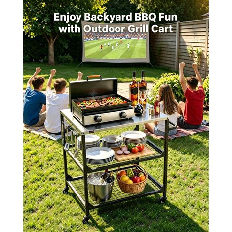 Desserte de Jardin pour Plancha, Chariot de Barbecue avec Plan de Travail 80x61 cm en Inox, pour Préparation de Cuisine BBQ Extérieur, avec 4 Roues, Poignée Latérale et Deux Étagères en Maille (1/5)