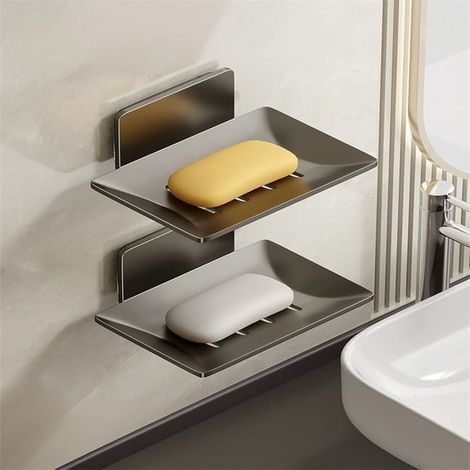 Jabonera de pared, sin perforaciones, juego de 2, gris, jabonera de aluminio gris, soporte para jabón de pared, estante de almacenamiento para baño (1/5)