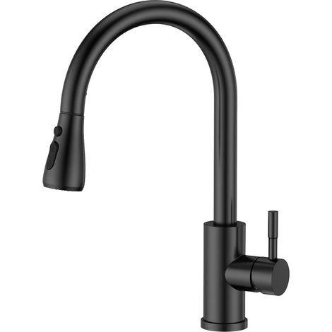 Robinet de Cuisine Noir avec Douchette Extractible, Mitigeur Rotatif 360°, 3 Fonctions de Jet, Évier Mural Lavabo, Finition Mat, Kit Complet (1/5)
