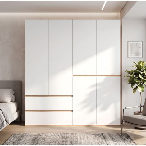 MODFU – Armadio 180x50x200 cm in MDF/truciolato con 2 appendiabiti, 5 cassetti, decoro rovere artigianale e carico 30/20 kg – Bianco/rovere (1/5)