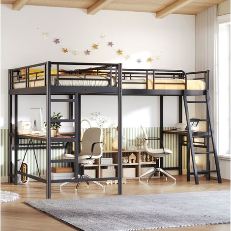 90  200 cm Hochbett, zwei Etagenbetten, Tisch unter dem Bett, Doppeltreppe, hohes Geländer, Schwarz - Robuster Tiefschlaf mit Schreibtisch & Kindersicherheit (1/5)
