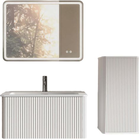 Conjunto de muebles de baño con lavabo, espejo LED y armario lateral blanco (1/5)