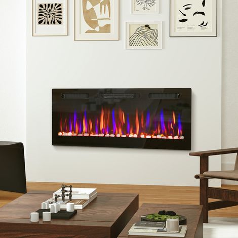 Chimenea Eléctrica Pared Empotrable Ultrafina con Llama 3D Brillo/Velocidad Ajustable y 12 Colores Guijarros 900/1800W (1/5)