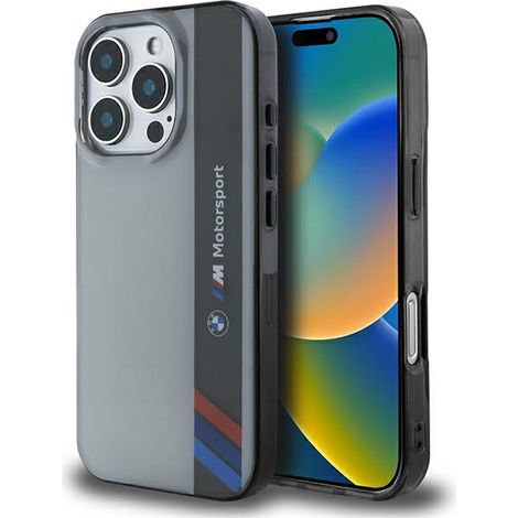 Coque rigide grise à rayures verticales BMW Motorsport IML pour iPhone 16 Pro 6,3" (BMW BMHCP16L23HTFEG). (1/5)
