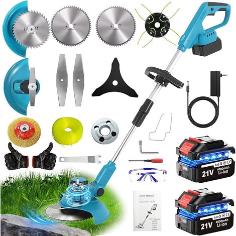 Cordless Electric Brushcutter, Cordless Edge Trimmer with 2 x 4Ah Battery, Battery Brushers with 1000 W Bushesless, 20000 rpm, 20 cm Cutting, 5 Types of Weeding Blades and Brushes (1/5)