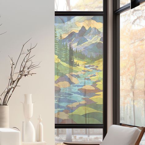 Stickers décoratifs électrostatique, rivière, ruisseau, montagnes, effet vitrail, 150 cm X 67,5 cm (1/2)