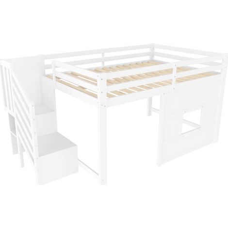 Cama alta 140 x 200 cm con escalera de almacenaje y ventana, blanca (1/5)