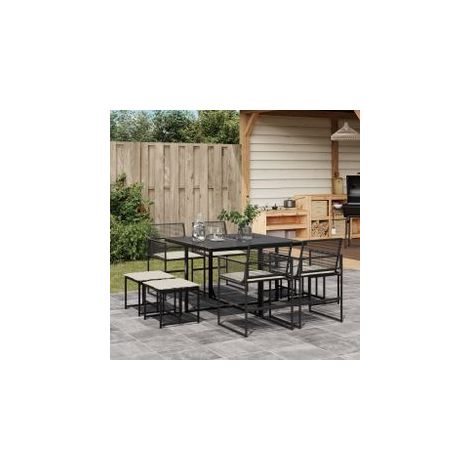 Ensemble à manger de jardin 9pcs coussins noir résine tressée (1/5)