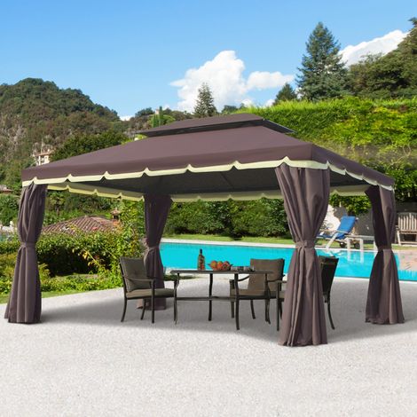 Pavillon de jardin, tonnelle, 390 x 290 x 280 cm, tente de jardin, chapiteau, tente de réception avec 4 panneaux latéraux, moustiquaire, résistant aux intempéries, aluminium, polyester, café et noir (1/5)