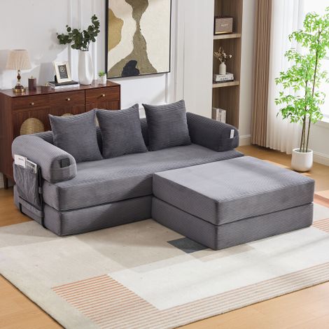 Modulares Cord-Kompressionssofa mit Hocker, stabilem Metallrahmen, Seitentasche und 3 bequemen Kissen – extra dicke Polsterung für mehr Komfort, frei kombinierbar und vielseitig einsetzbar.Dunkelgrau