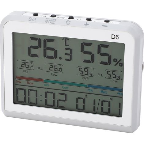 Thermomètre intérieur numérique avec horloge et date, hygromètre et thermomètre de bureau pour maison, chambre, bureau et serre (1/5)