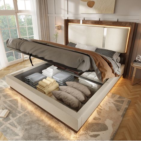 Bett 140x200 cm Beige aus Leinen und Holz mit LED-Beleuchtung, Stauraum und Lattenrost (1/5)