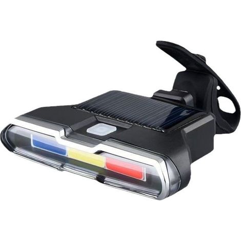 Feu arrière de vélo tricolore à intensité variable, double alimentation USB et solaire, haute luminosité, LED COB clignotante pour la signalisation nocturne. (1/2)