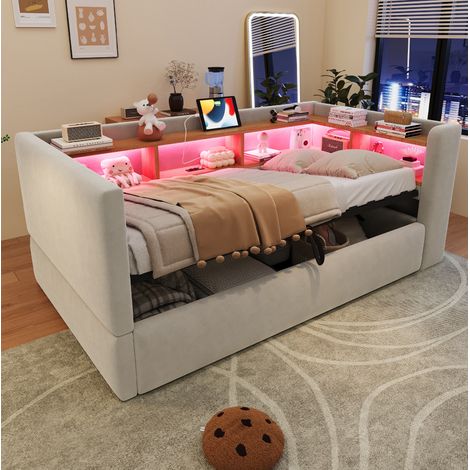Canapé-lit rembourré 90x190 cm avec LED, prises et rangements, gris clair (1/5)